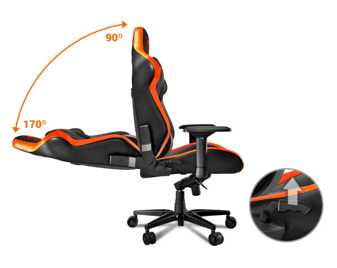 ARMOR TITAN Gaming Chair facing to the right showing the back rest moving down from 170 degrees up to 90 degrees. There is also a hotspot showing the lever that controls this function