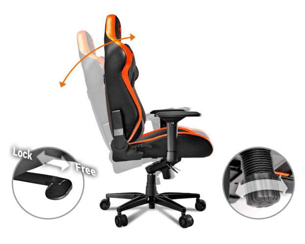 ARMOR TITAN Gaming Chair facing to the right with slight movement of the backrest going down. There are hotspots showing the two levers that control this tilt and locking function