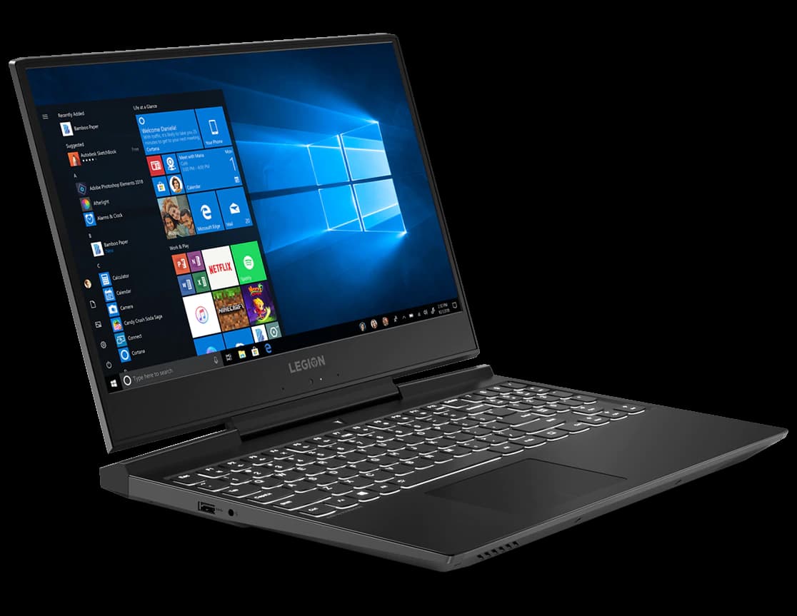 Legion Y545 angled to right showing Windows 10 desktop