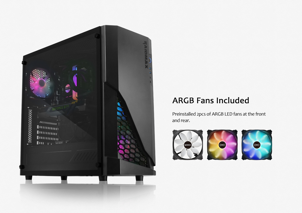 At the left part of this image is a showcase of a complete build through tempered glass panel, with RGB LED lighting on. At the right of this image are demonstration of three lighting effects of the fan
