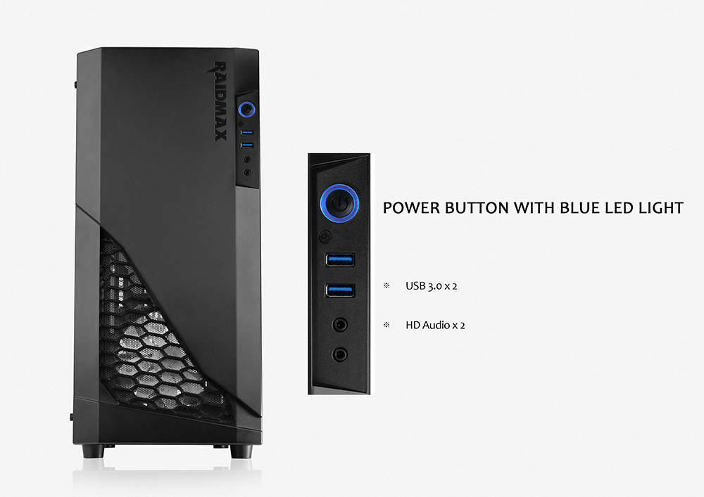 Front view of the case in standing position, with closeup of easy-access panel including power button, two USB ports and two audio jacks