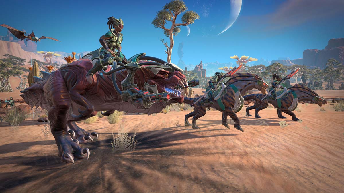 Age of Wonders: Planetfall Screenshot Showing Alien Humanoids on Dinosaur and Mounted Creatures