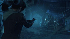 A sccrenshot of Lara pointing gun at several people with illuminating eyes going down a flight of stair