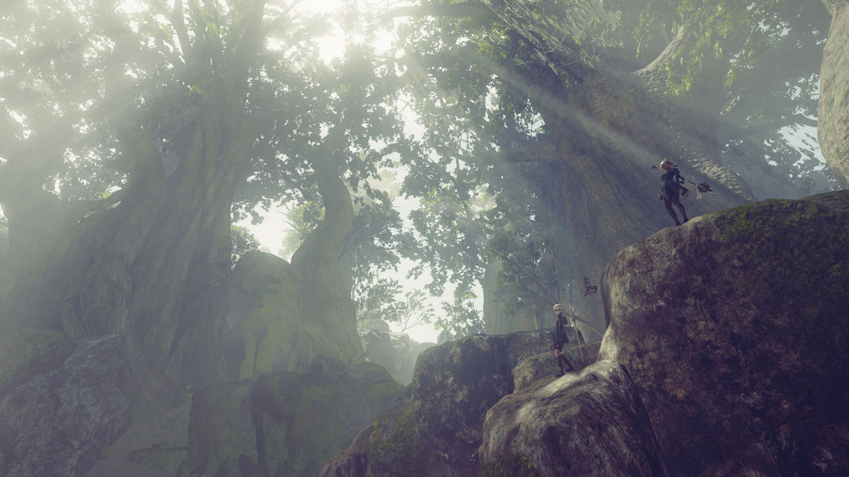 Nier:Automata Characters in a Large Forest with Rocks