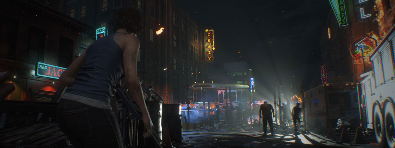 Jill Valentine crouches in the lights of Racoon City at night.