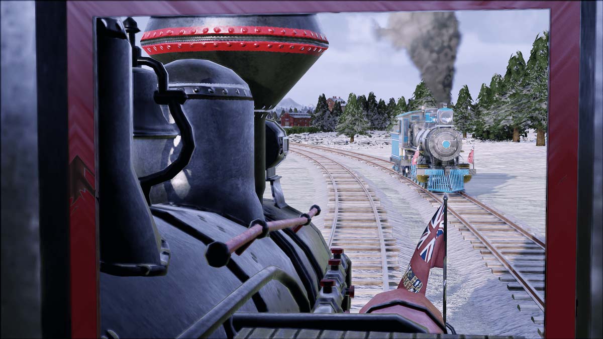 First Person perspective of the conductor on his train as another train approaches on the adjacent track