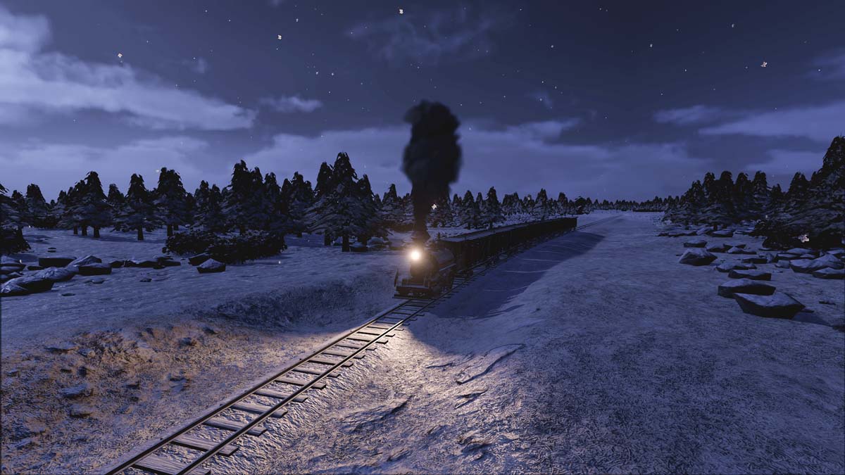 An approaching train billowing out black smoke on a snow-covered night