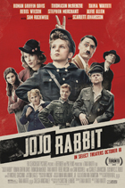 Poster of Jojo Rabbit shows a dozen of adults surrounding a boy.