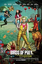 Poster of Birds of Prey shows a woman standing on a shell, a tiger behind, and several other persons flying.