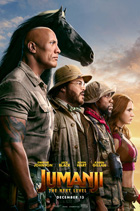 Poster of Jumanji: The Next Level shows four person are standing in front of a rising horse.