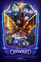 Poster of Onward shows three animated figures are beneath two animated figures.
