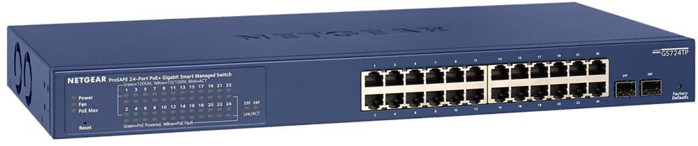 Front angle view of the GS724TP Switch