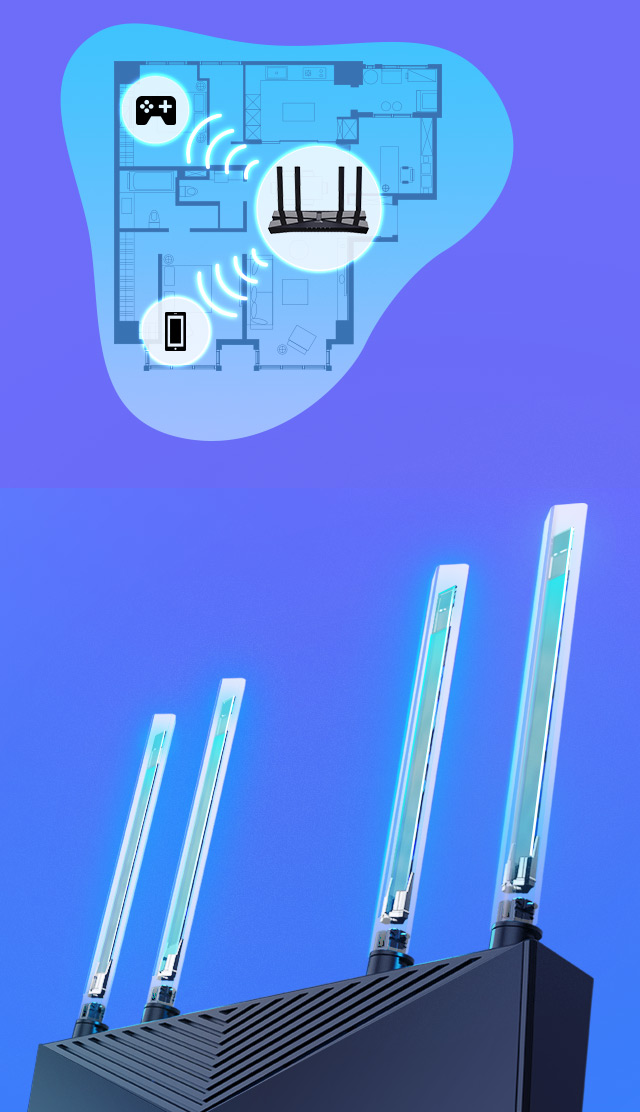 Four external antennas can support a large coverage.