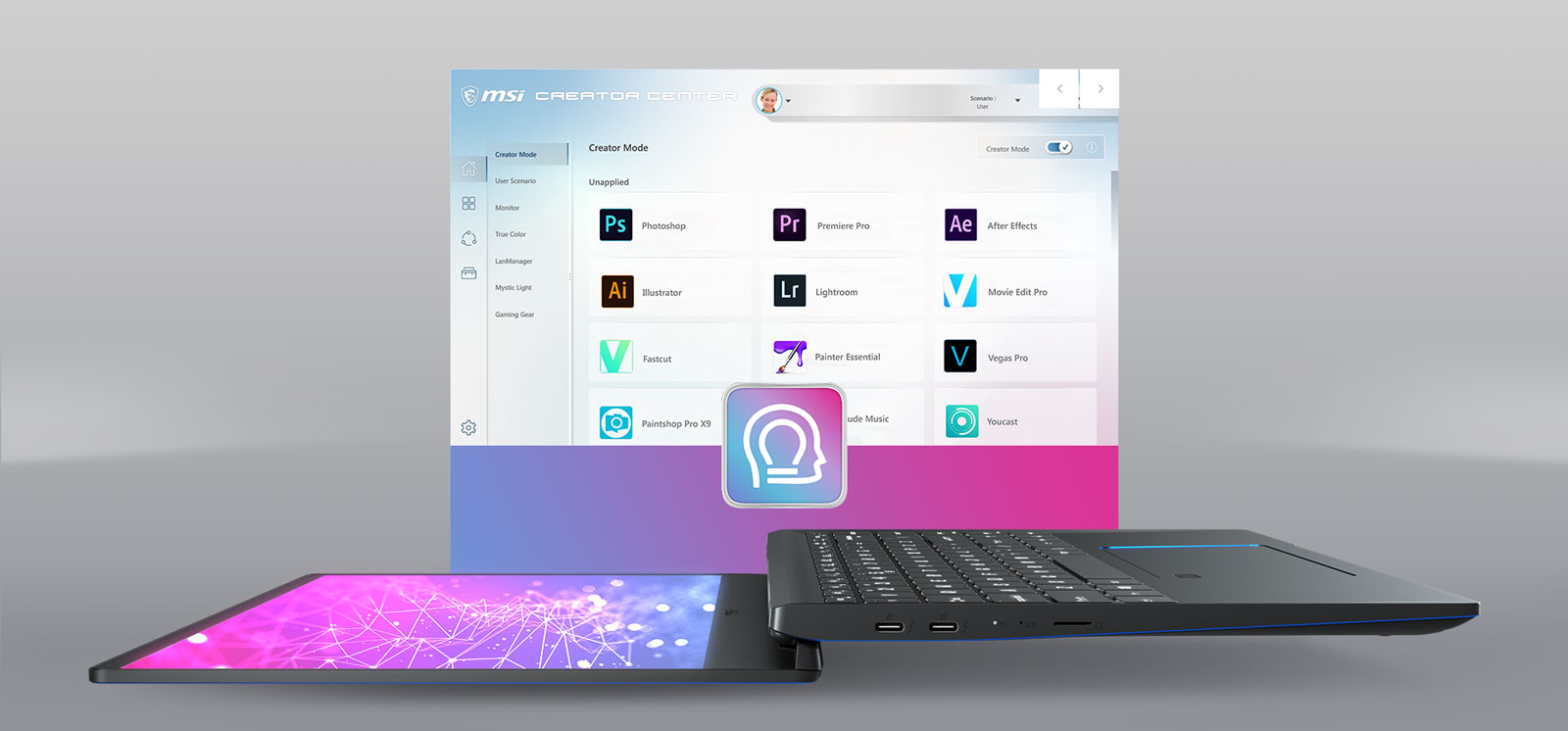 Prestige 15 Fully Opened to 180-degree And Shows Its Left Side with Creator Center's UI as Background