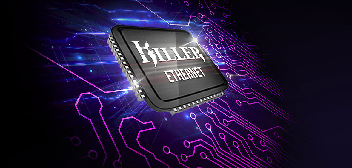 Top left side angle view of a chip marked with Killer Ethernet, the background is stylized PCB tracing