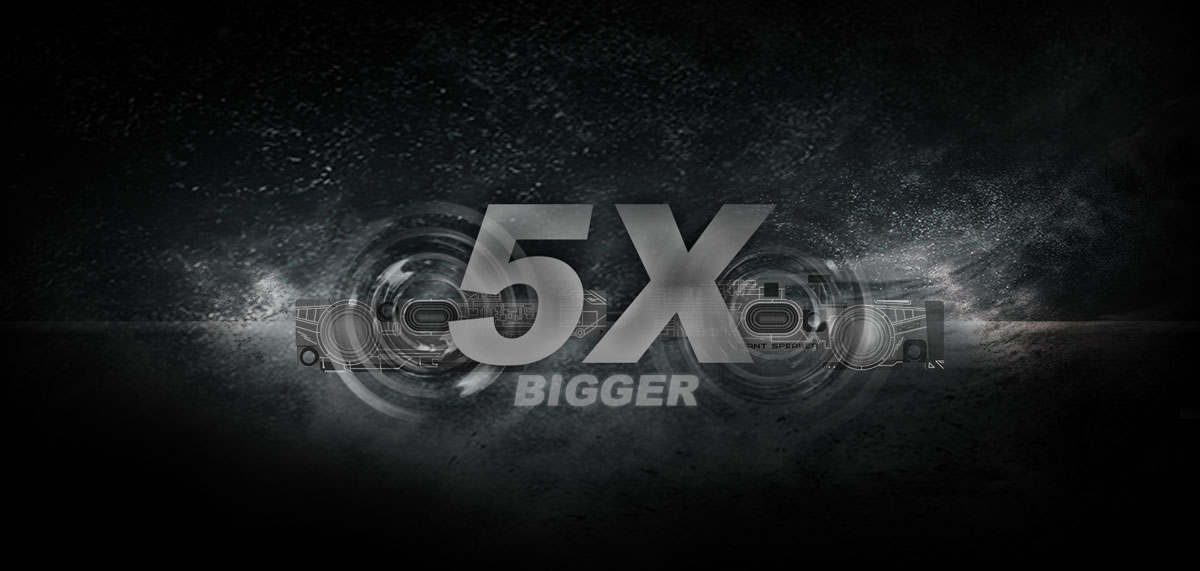 Speakers of the laptop with sound waves, with stylized texts reading as “5x bigger” in the middle