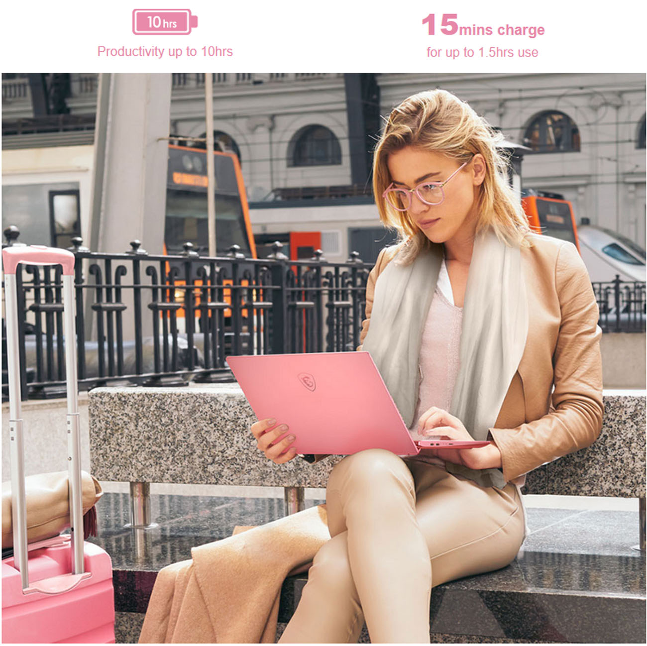 A girl holds MSI Laptop Prestige 14 A10SC-091 notebooks in her hand