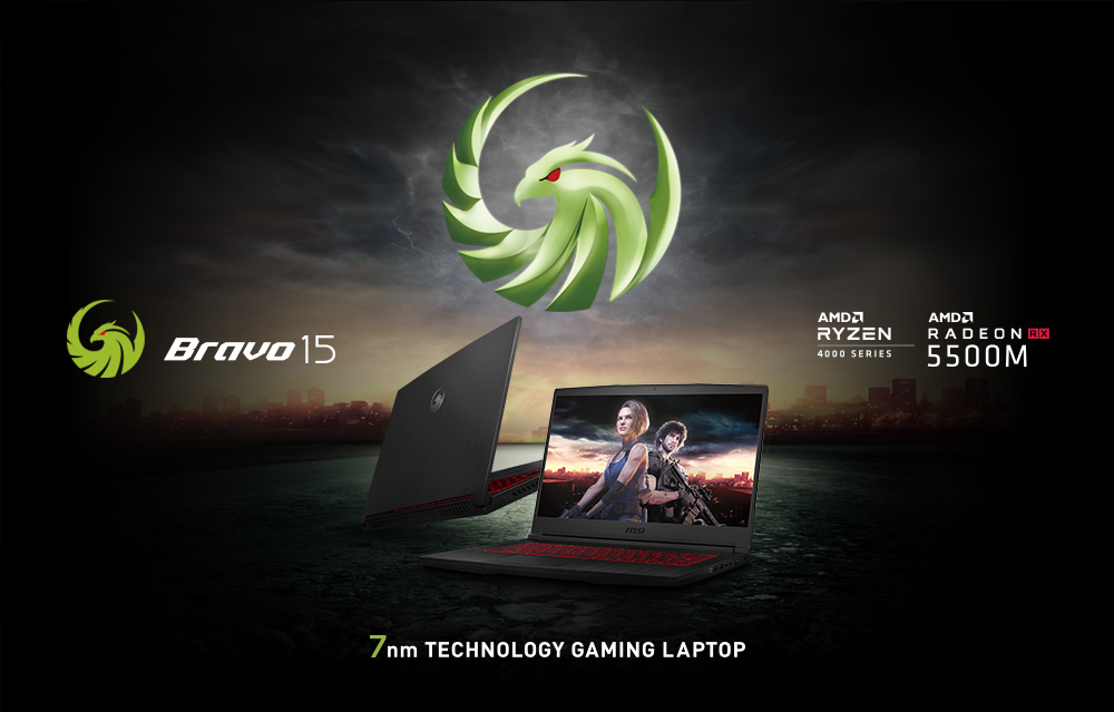 Hero Image: Bravo 15 logo and Product Image. The text says: Bravo 15. 7nm TECHNOLOGY GAMING LAPTOP