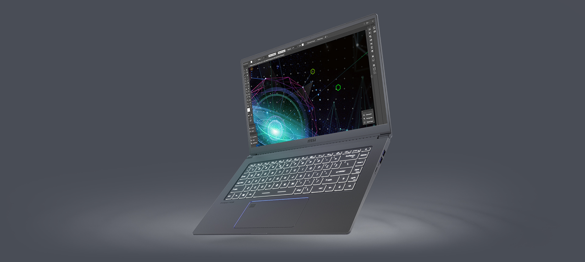 Prestige 15 Opens Widely and Angled to Left A Little with Video Editing on Its Screen