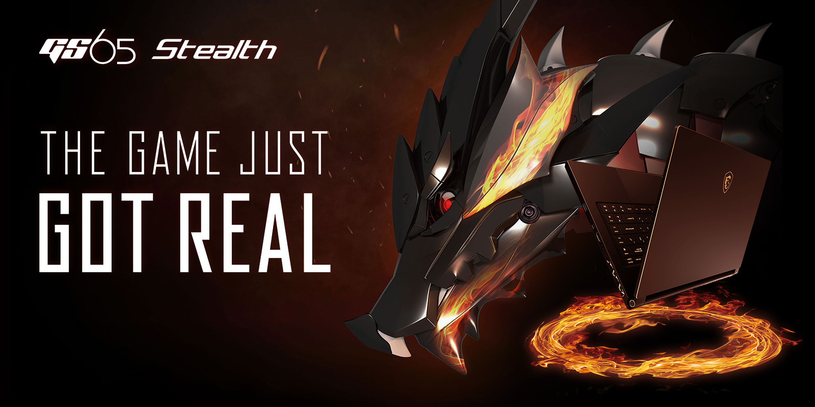 Hero Image: GS65 Stealth. The text left product image says: THE GAME JUST GOT REAL