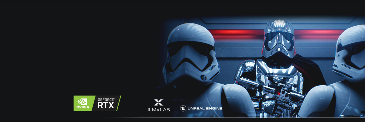 three robots as background with NVIDIA icon, ILM x LAB icon, UNREAL ENGINE icon