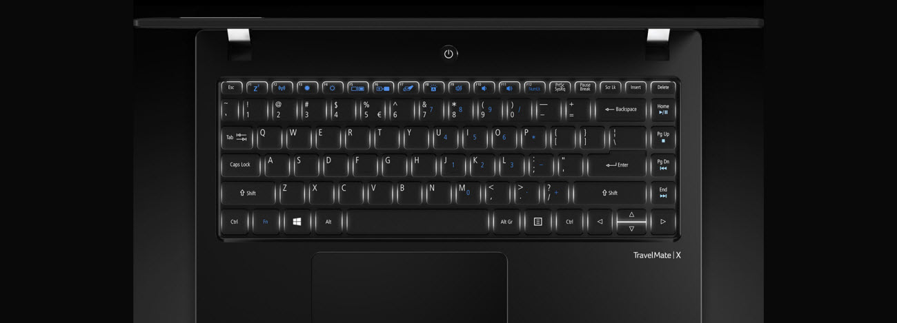 Overhead View of an Open Acer TravelMate Laptop, Showing Lighting Under the Keys