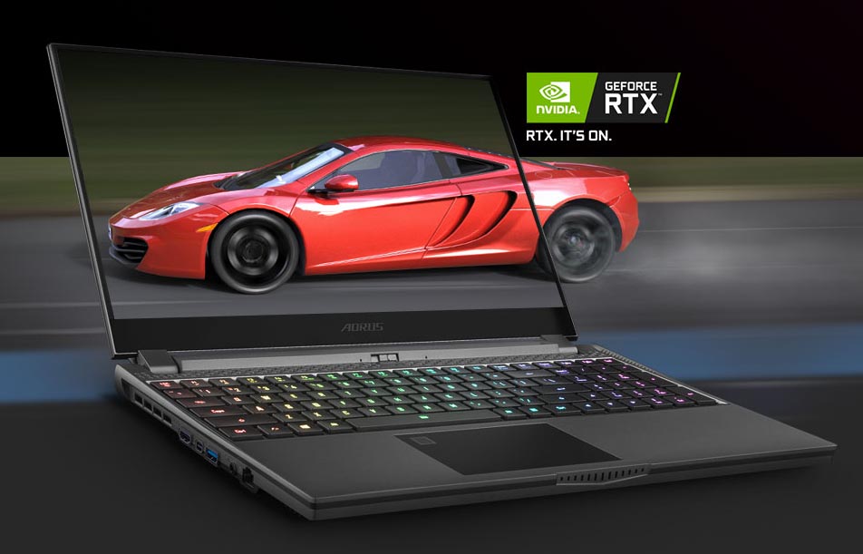 A high resolution car image on AORUS 15G's screen. Beside it is NVIDIA RTX logo. Text says: RTX. IT'S ON.
