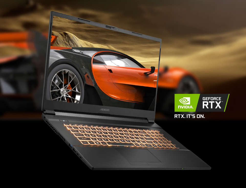 A high resolution image on Aorus 7's screen. Beside it is NVIDIA RTX logo. Text says: RTX. IT'S ON.