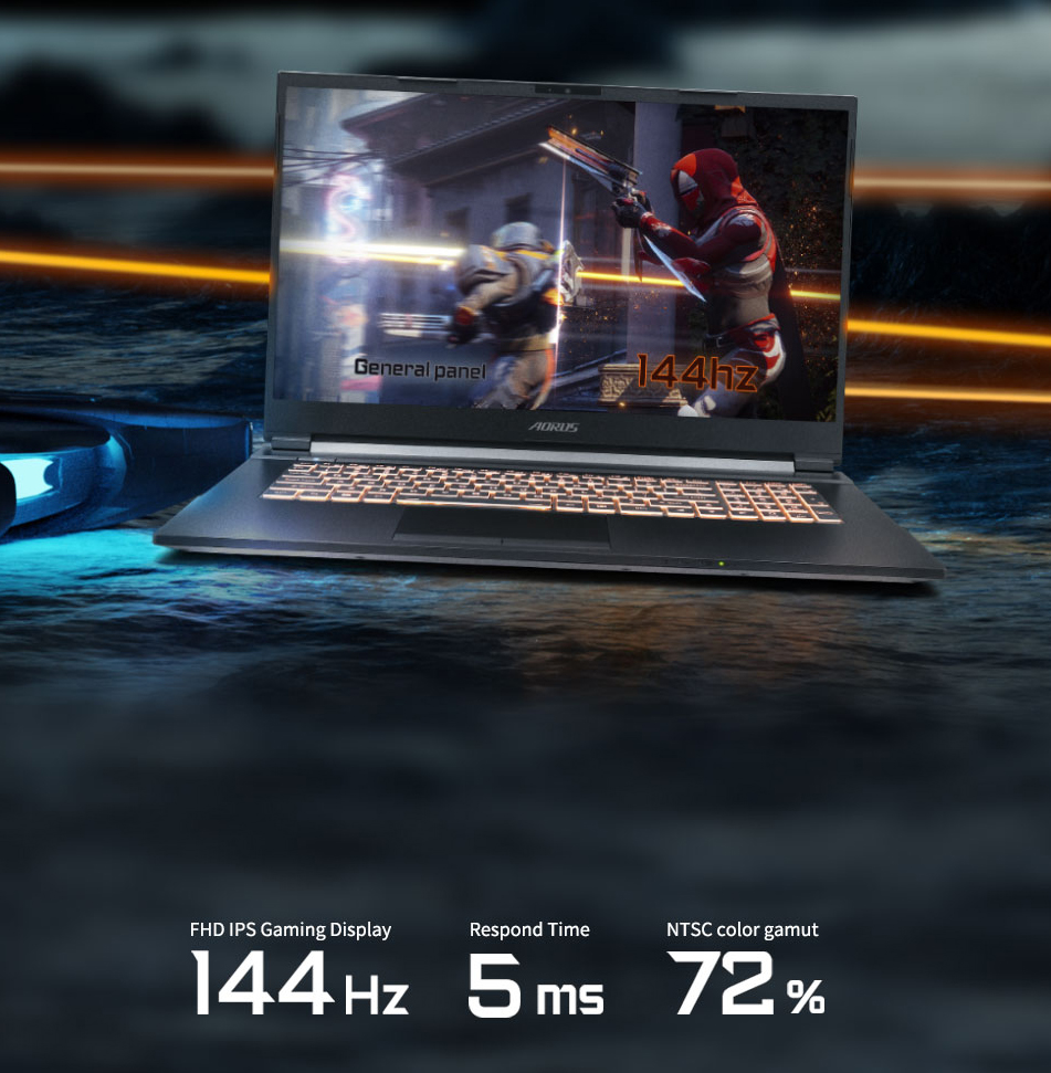 Front view of Aorus 7's scren. The image on it is separated to two parts. Left says: General Panel and Right says: 144hz.