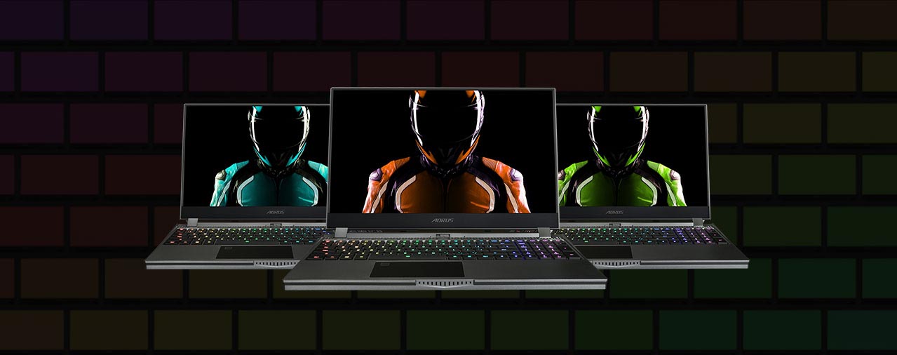 3 Aorus 15G on the image. Different color racers onthe screen.