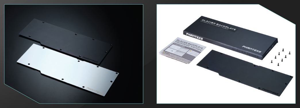 Phanteks Glacier RTX 2080Ti Founders Edition Backplate Images, One Black and the Other White and Another Shot of a Black Product with Its Product Box and Included Screws