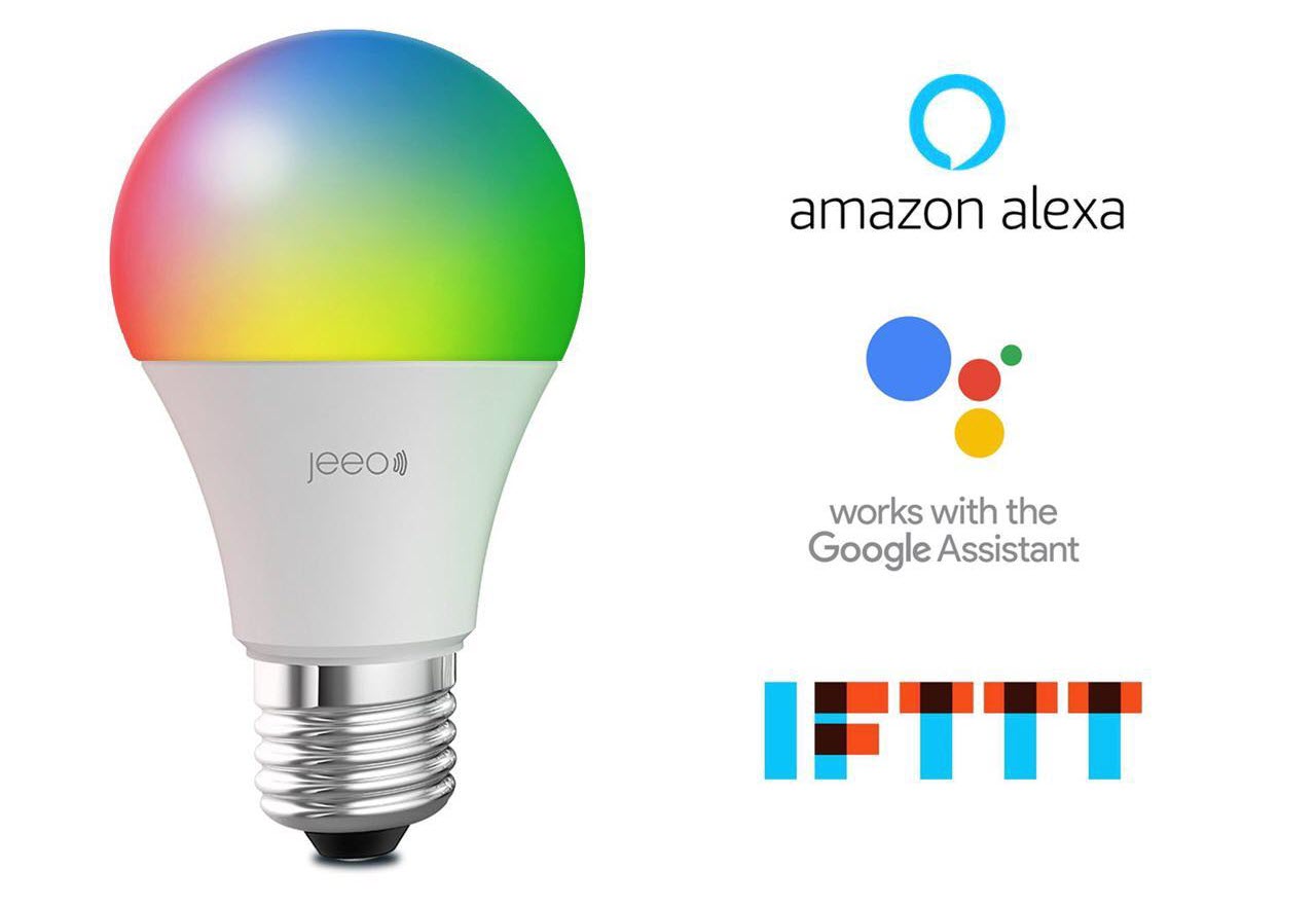 Jeeo Smart Wi-Fi LED Color Light Bulb with Alexa, Google Assistant, IFTTT logos