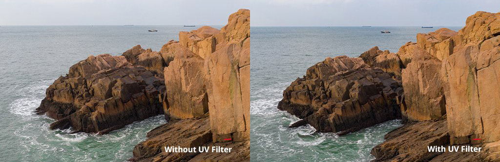 Comparison of sea rock scenery between with and without UV filter