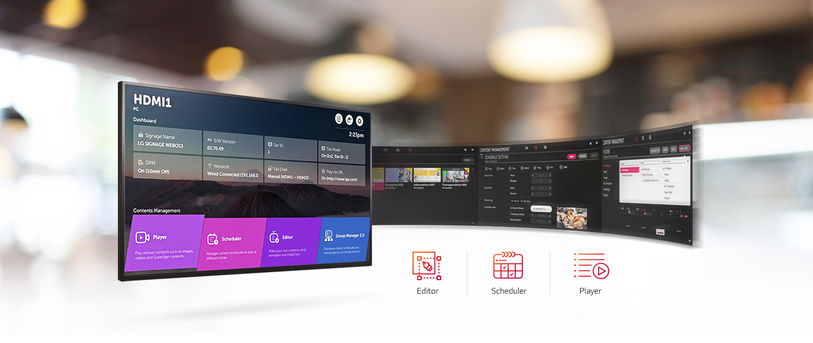 LG commercial displays showing editor, scheduler and player features