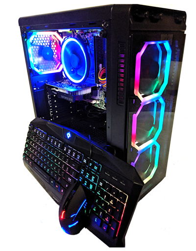 The desktop has a keyboard and mouse kit set against it while lighting up with ARGB light through the side and front windows.