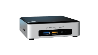 a silver Intel NUC angled to right