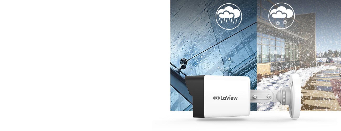 LaView LV-HBK9180W Security Camera Facing to the Left in Front of a Split Image Indicating Rainy and Snowy Weather Resistance