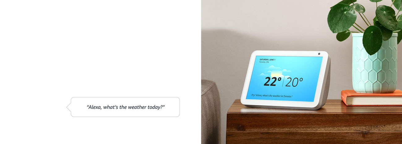 Echo Show 8 showing weather info