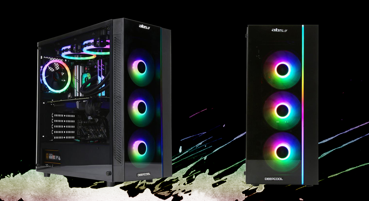 Two ABS Mage H ALA120 desktops with one tilted slightly to the right and the other facing forward. Both have ARGB lighting on.
