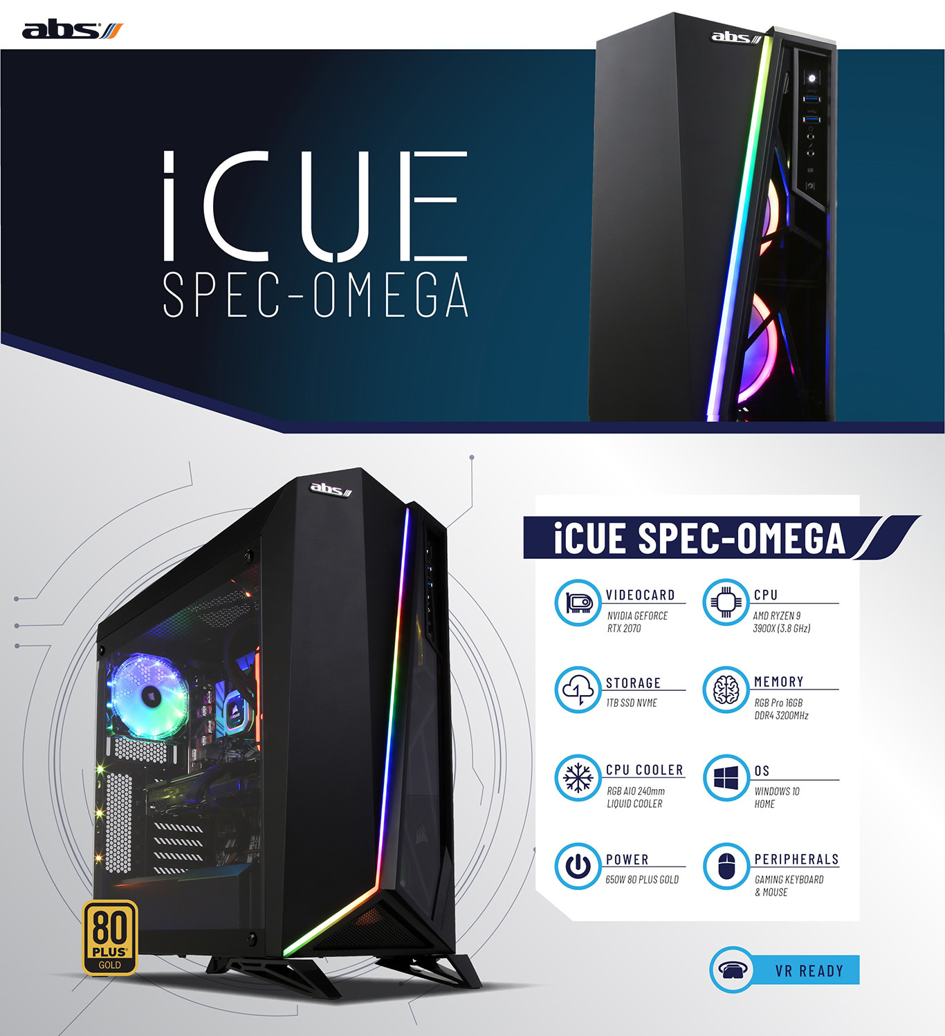 ABS Computer Technologies logo and ABS iCue Spec-Omega Gaming Desktop PC side view and Specifications