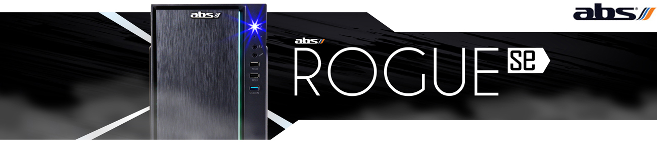 ABS Rogue SE Gaming Desktop PC facing forward and ABS logo