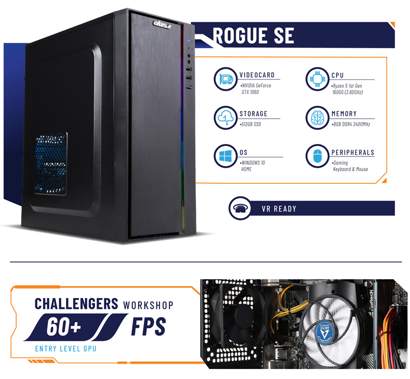 ABS Rogue SE Gaming Desktop PC side view and specifications