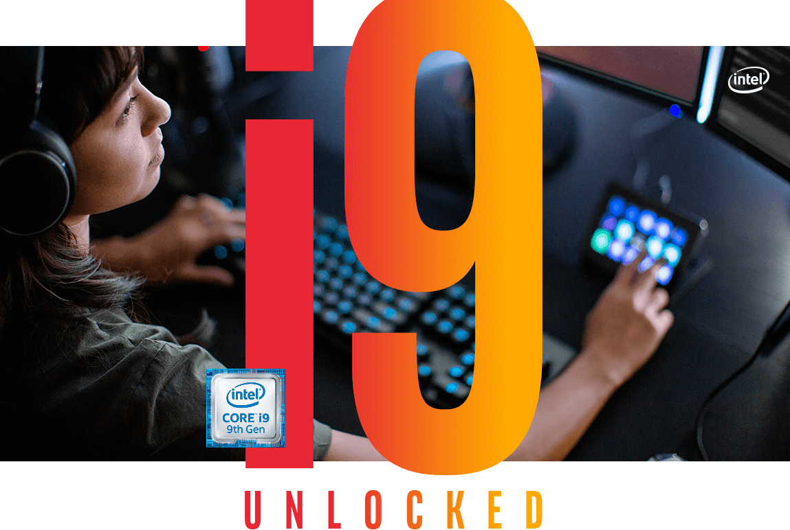 i9 unlocked text and icon are aginst a background in which a woman is using a touch input device with her right hand and a keyboard with her left hand.
