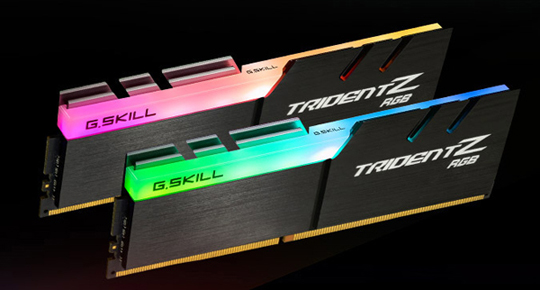 Two TridentZ RGB DDR4 Memory modules with one illuminating blue light and the other illuminating pink light.