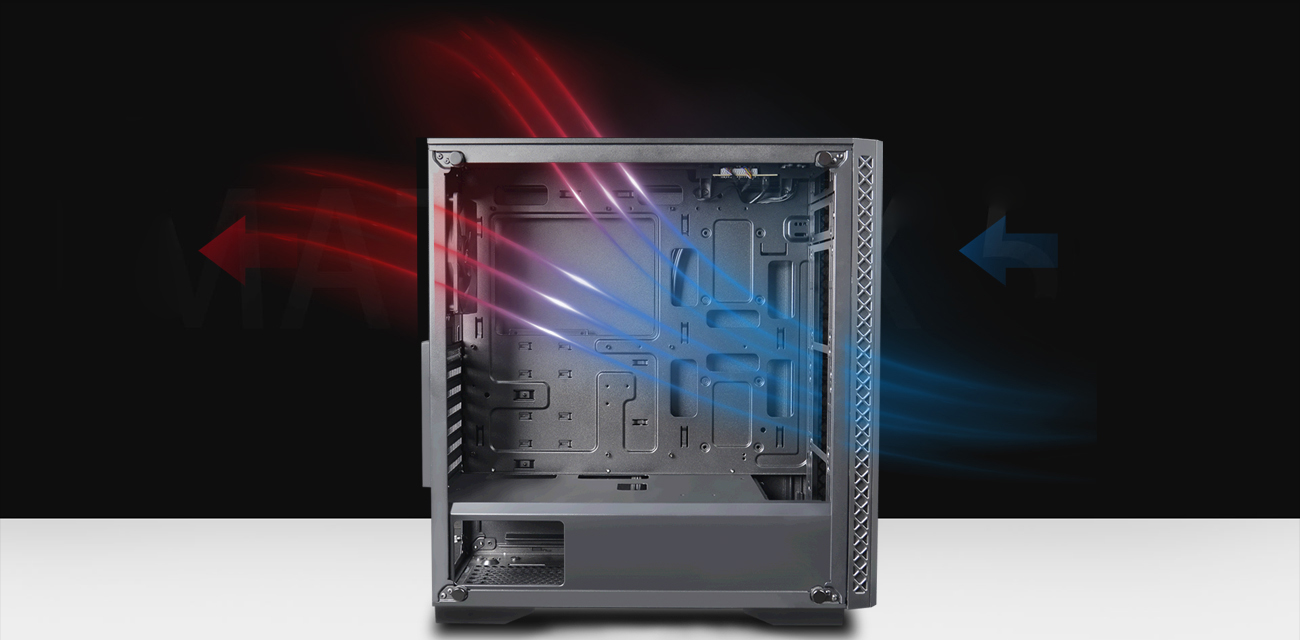 A case with side panel removed shows the airflow path, cold air entering through the front and hot air exiting through the top and back.