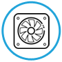 black fan icon in a blue circle