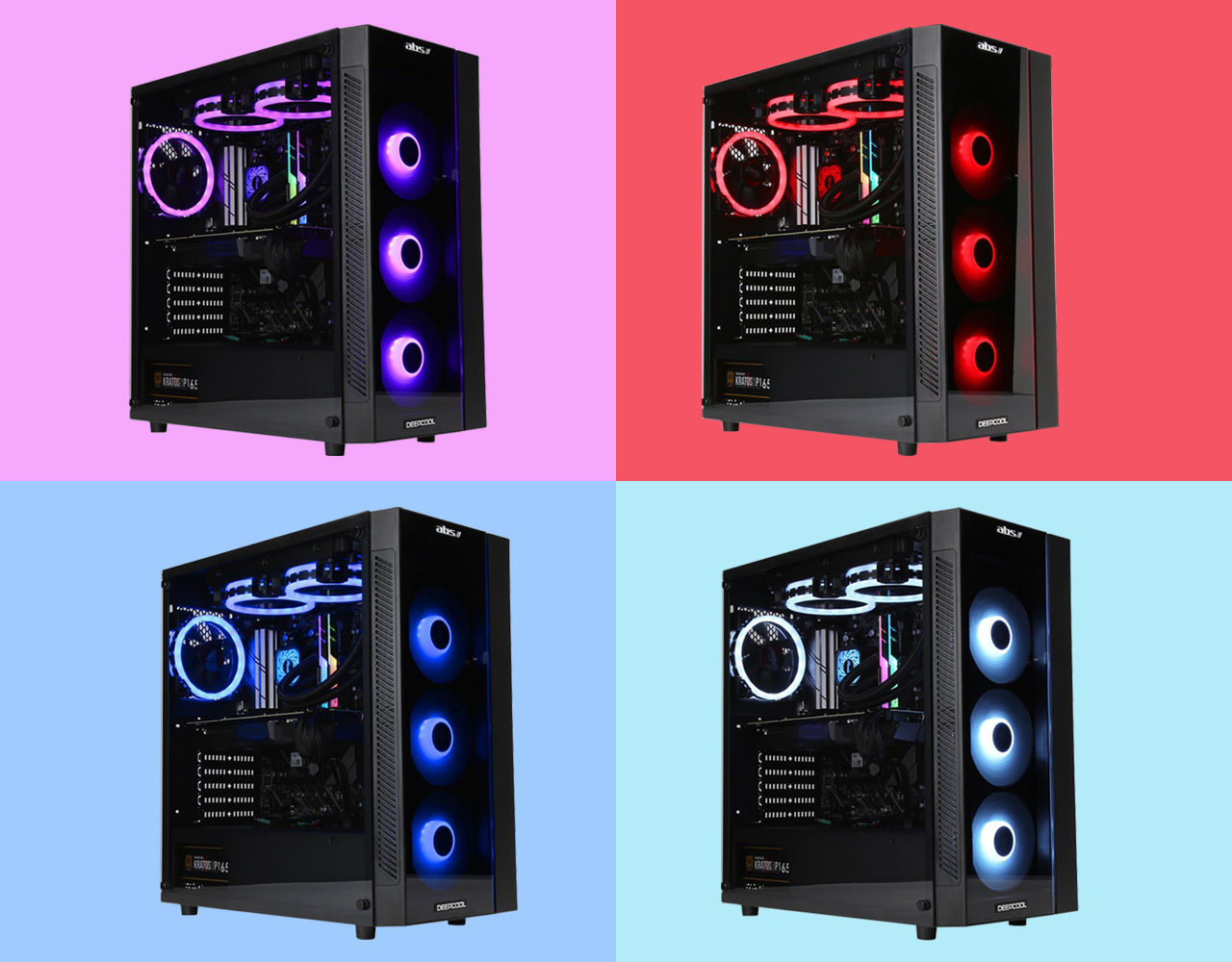 Four desktops with one showing light purple light, one showing light red light, one showing light blue light, and very light bue hue.