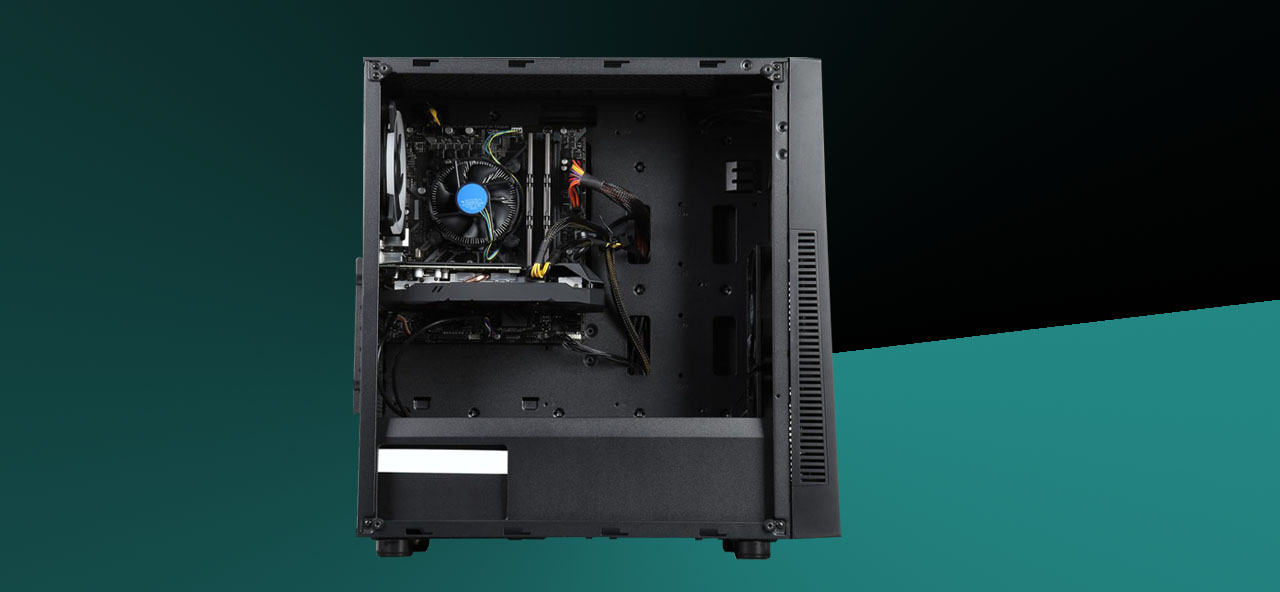A desktop with side panel removed shows its internal components.