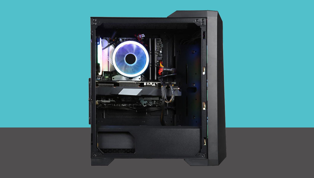 A desktop with side panel removed shows its internal components.