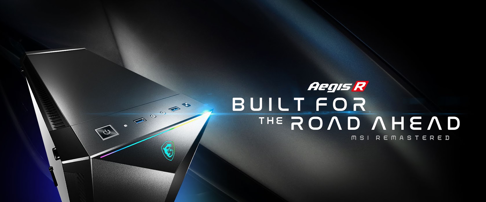 MSI Aegis R Case angled down to the right, one side of the case with many ports, Aegis logo